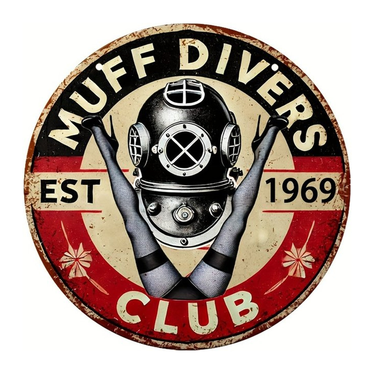Potdemiel Vintage Aluminium Muff Divers Club Dekoratives Schild, rundes Metallblech Wandmontage-Schild, Durchmesser: 20,3 cm, mehrfarbig - Bild 1
