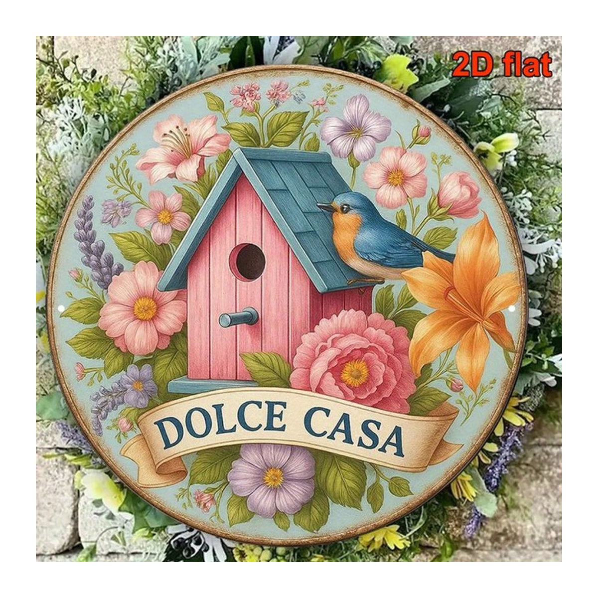 Potdemiel Vintage Aluminiumschild Dolce Casa mit Vogel- und Blumendesign, mehrfarbig, Durchmesser: 20,32 cm - Bild 1
