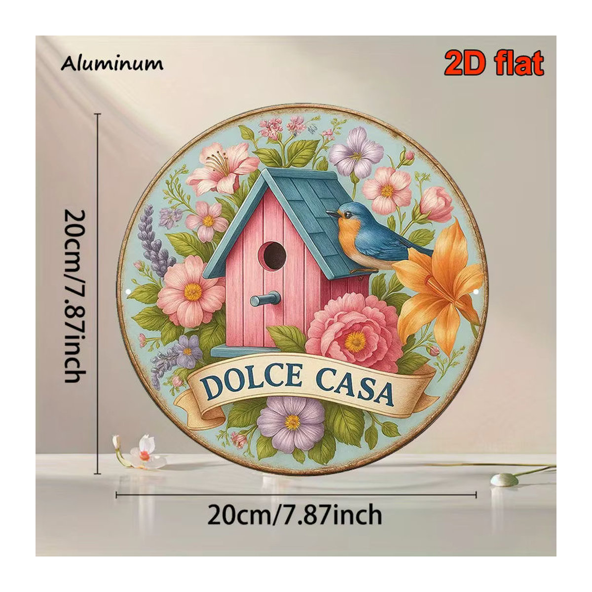 Potdemiel Vintage Aluminiumschild Dolce Casa mit Vogel- und Blumendesign, mehrfarbig, Durchmesser: 20,32 cm - Bild 2