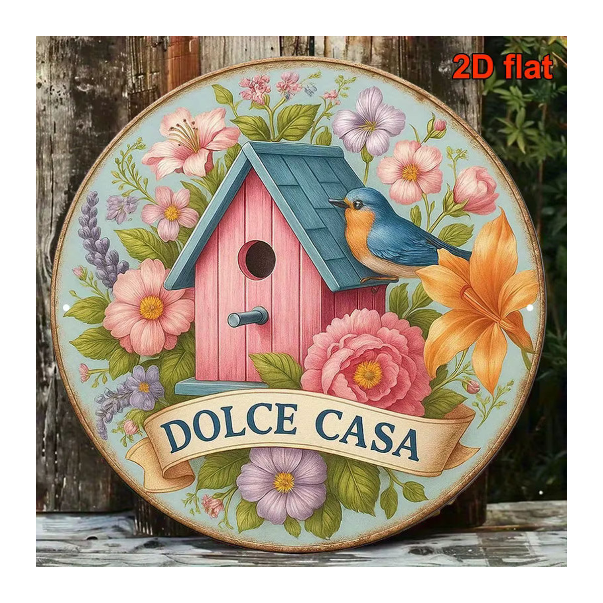 Potdemiel Vintage Aluminiumschild Dolce Casa mit Vogel- und Blumendesign, mehrfarbig, Durchmesser: 20,32 cm - Bild 3