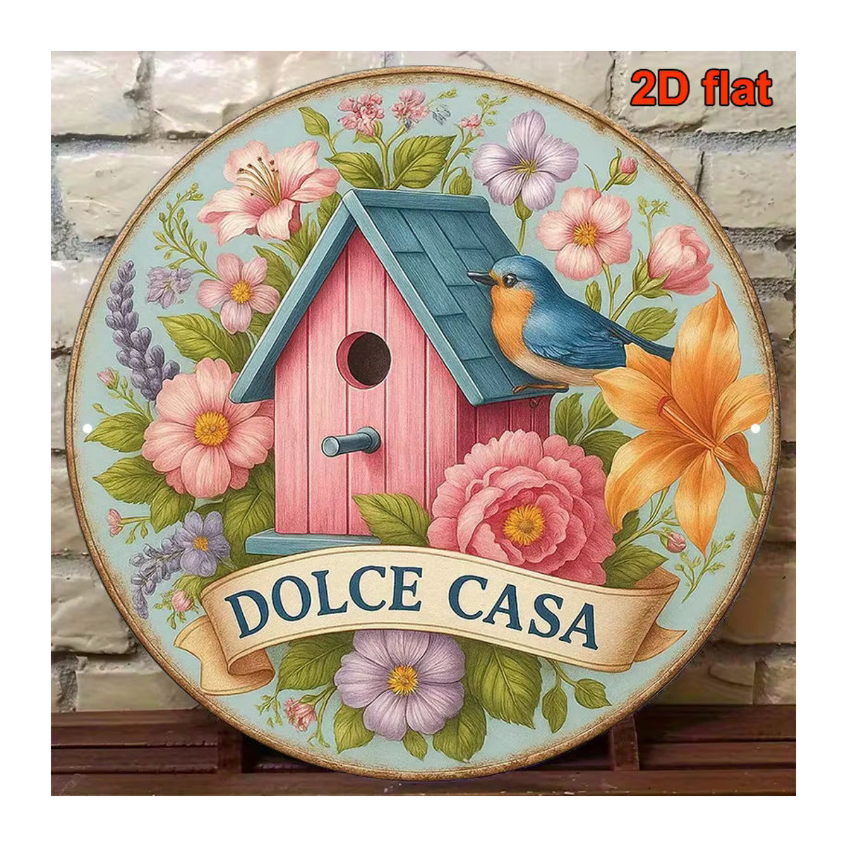 Potdemiel Vintage Aluminiumschild Dolce Casa mit Vogel- und Blumendesign, mehrfarbig, Durchmesser: 20,32 cm - Bild 4