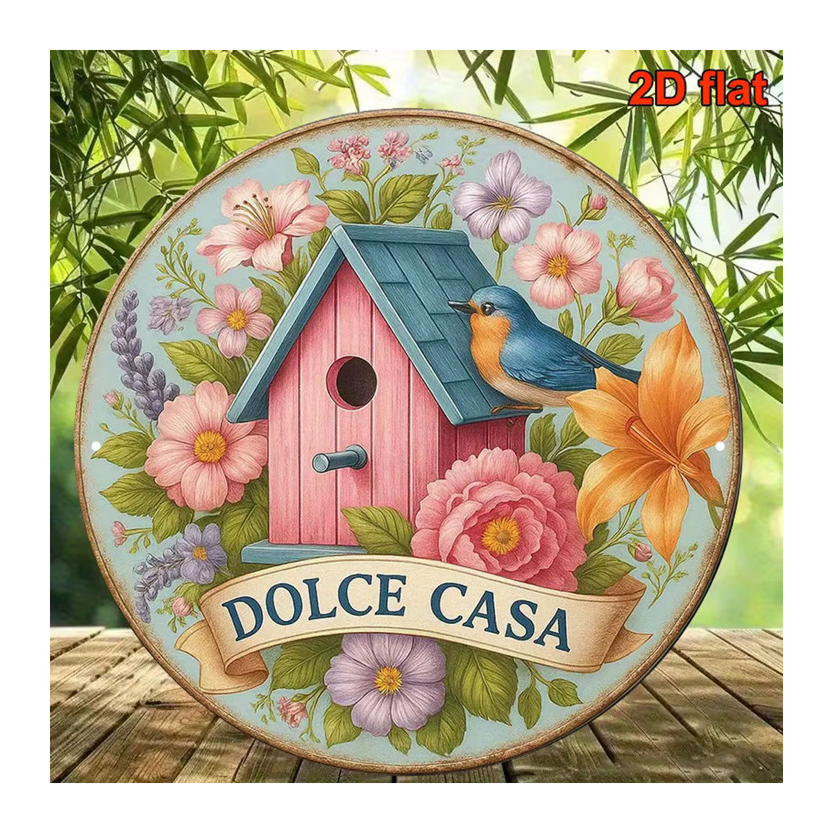 Potdemiel Vintage Aluminiumschild Dolce Casa mit Vogel- und Blumendesign, mehrfarbig, Durchmesser: 20,32 cm - Bild 5