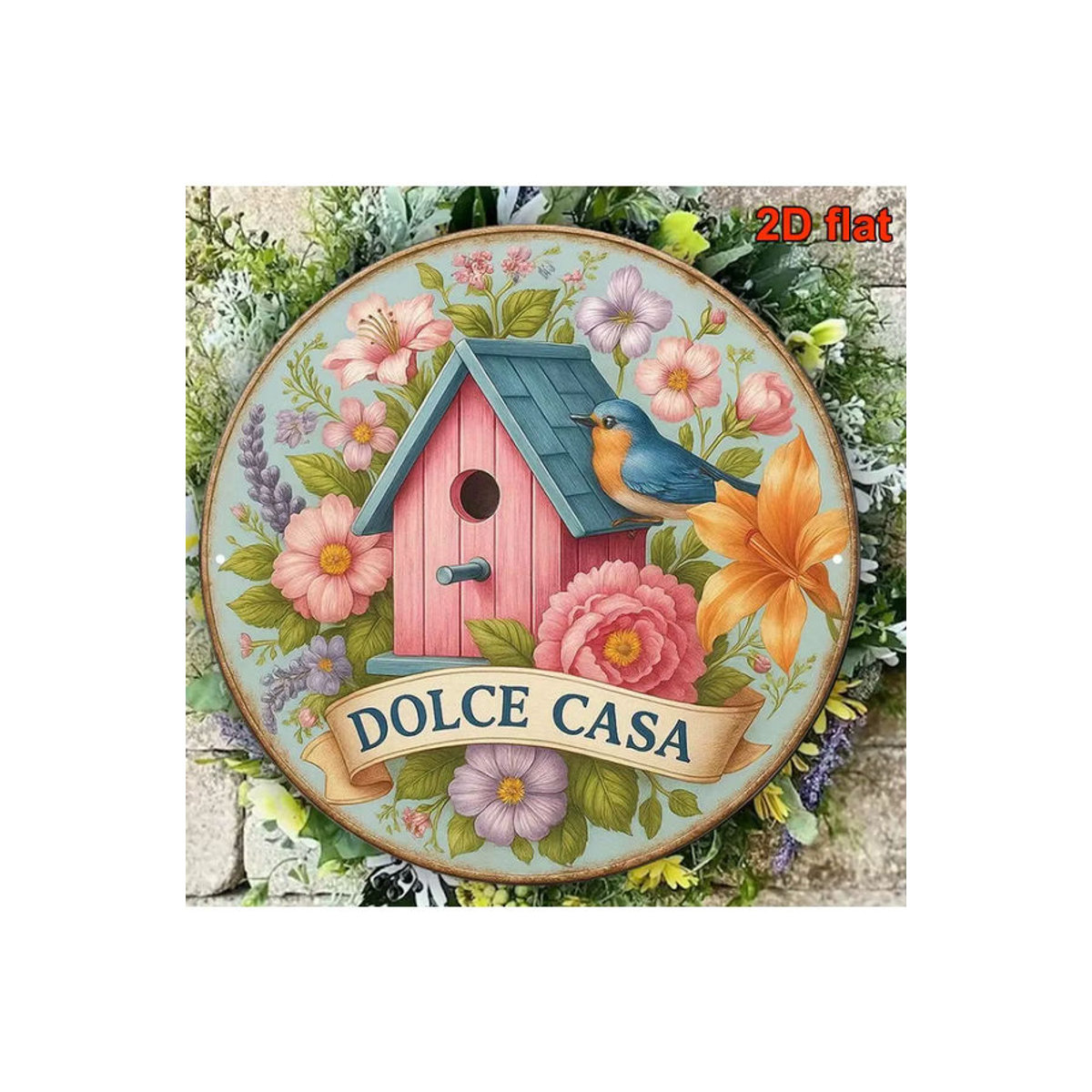Potdemiel Vintage Aluminiumschild Dolce Casa mit Vogel- und Blumendesign, mehrfarbig, Durchmesser: 20,32 cm - Bild 6