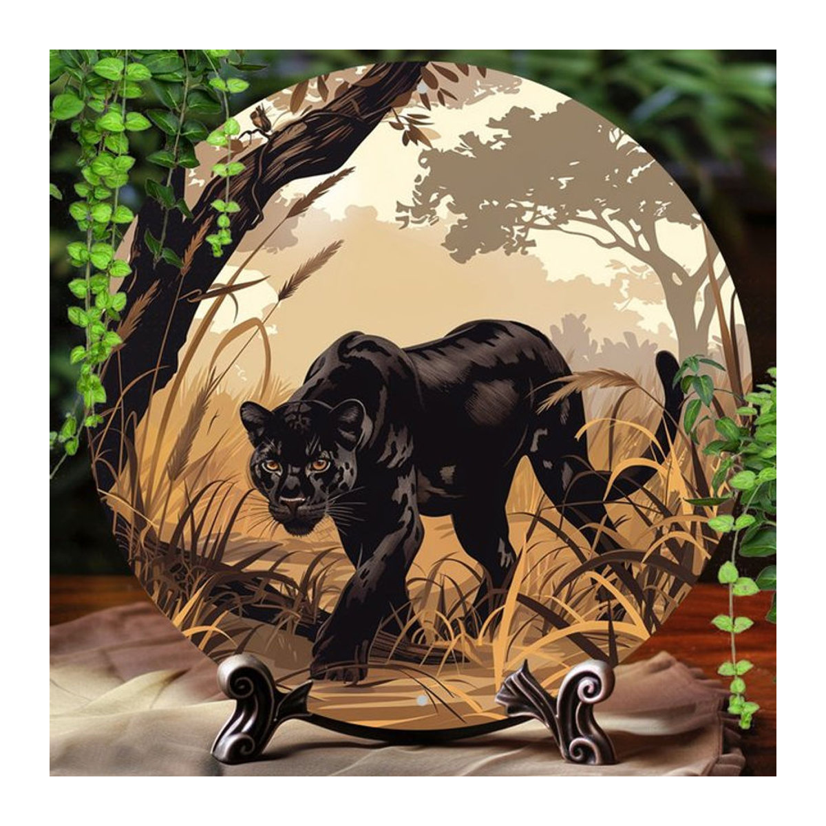 Potdemiel Vintage Black Panther Rundes Aluminium-Wandkunstschild, Schwarz und Mehrfarbig, Durchmesser: 20,3 cm - Bild 1
