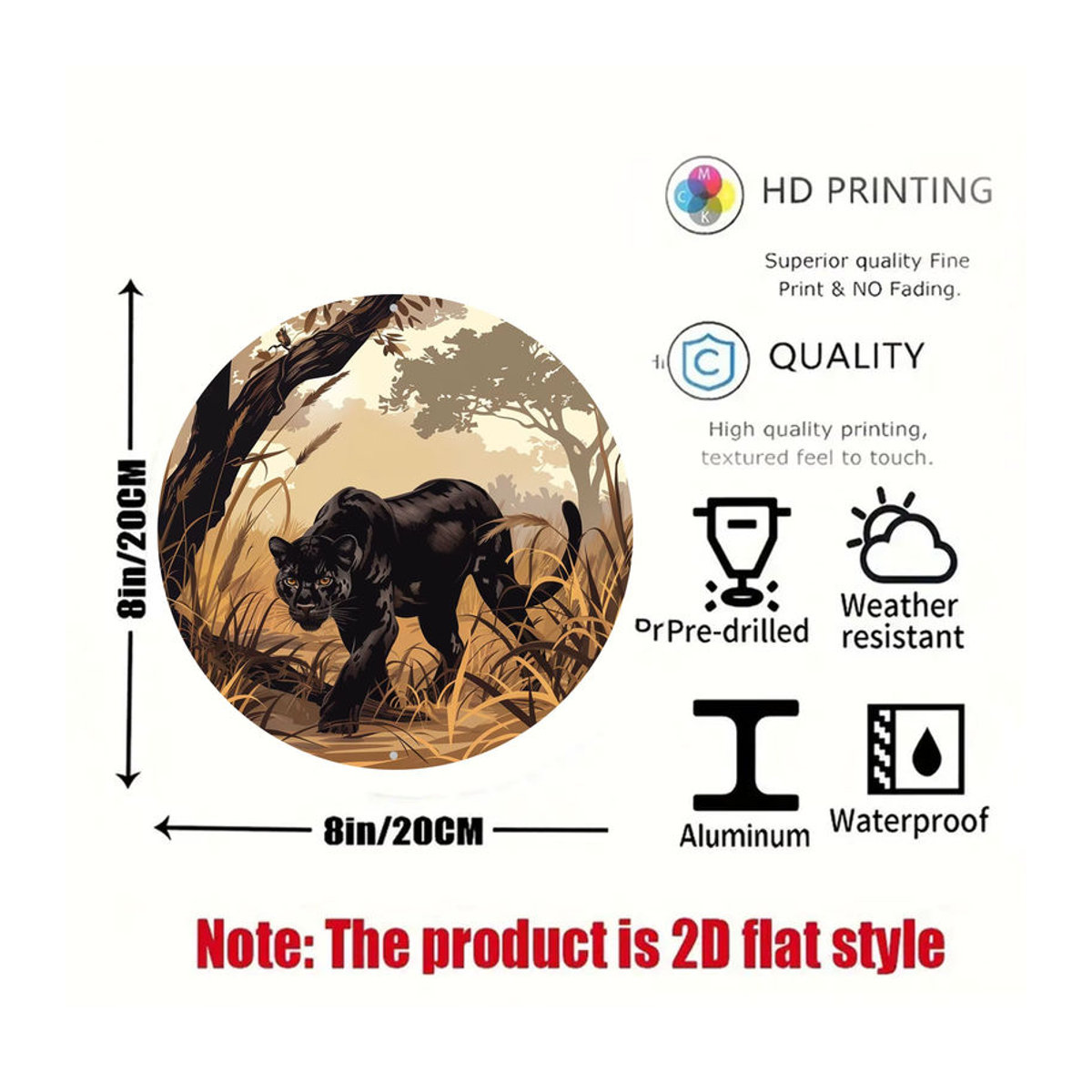 Potdemiel Vintage Black Panther Rundes Aluminium-Wandkunstschild, Schwarz und Mehrfarbig, Durchmesser: 20,3 cm - Bild 2