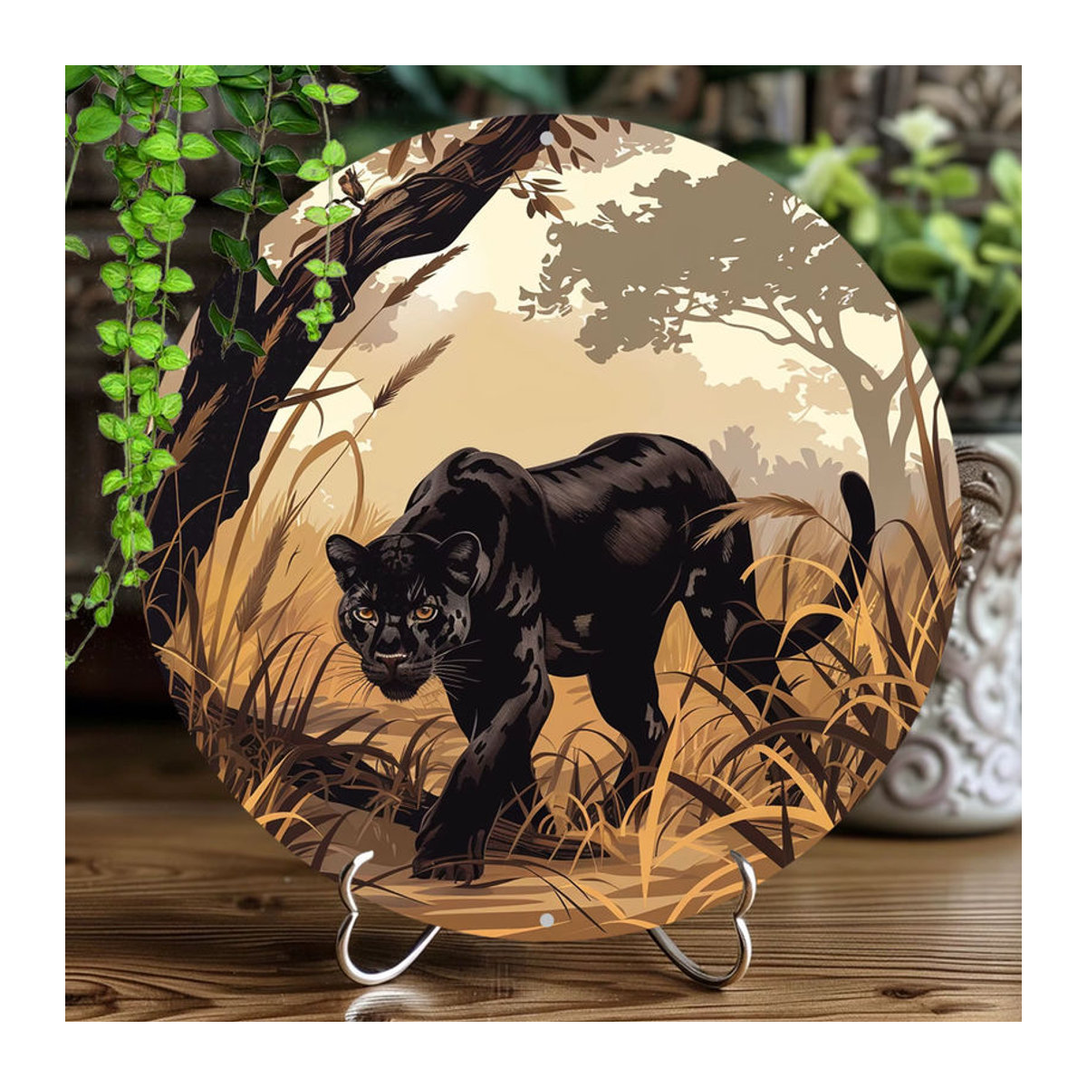 Potdemiel Vintage Black Panther Rundes Aluminium-Wandkunstschild, Schwarz und Mehrfarbig, Durchmesser: 20,3 cm - Bild 3