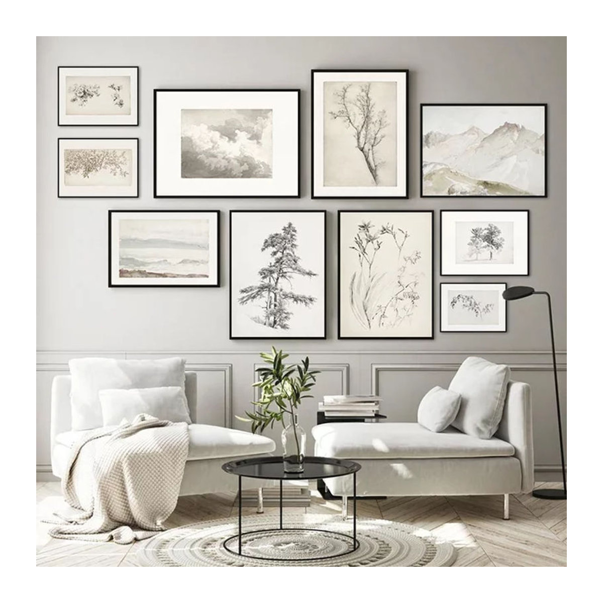 Potdemiel Vintage Blumen und Pflanzen Skizze Leinwand Kunstdrucke in Weiß für deine Wanddekoration - Bild 1