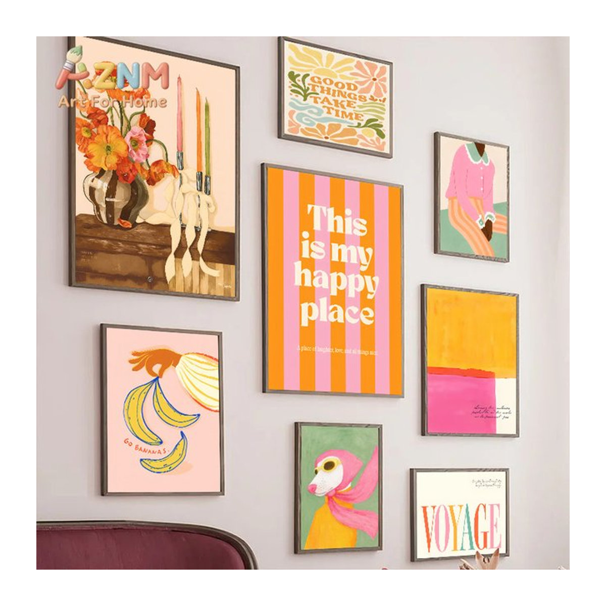 Potdemiel Vintage-Boho-Poster mit Hund, Blumen und Banane in mehrfarbigem Design als Wandkunstdruck für dein Wohnzimmer oder Schlafzimmer - Bild 1