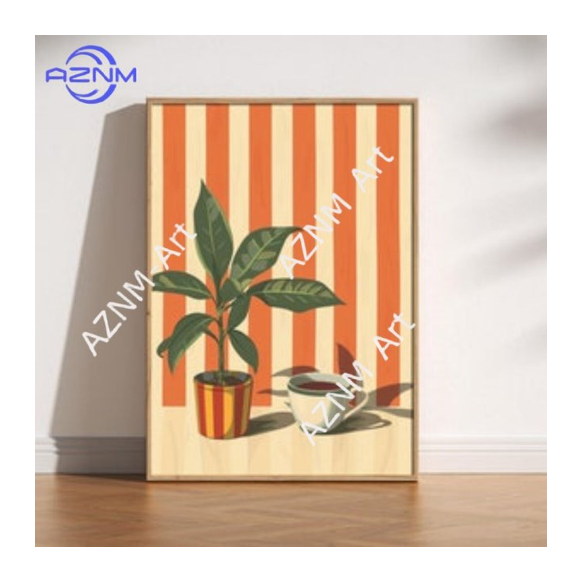Potdemiel Vintage Botanische Leinwand Wandkunst mit Topfpflanzen und Kaffeetassen in Mehrfarbig, Rechteckig und Hochformat - Bild 1