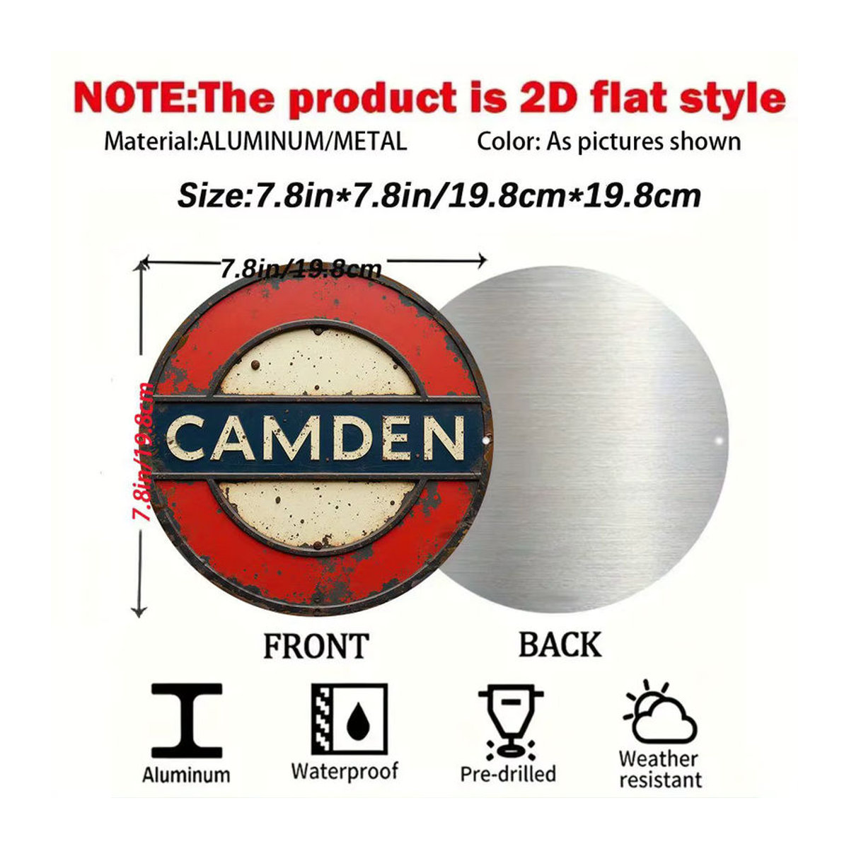 Potdemiel Vintage Camden Tube Schild, runde Metall-Wandkunst aus Aluminium, mehrfarbig, Durchmesser: 19,81 cm - Bild 2