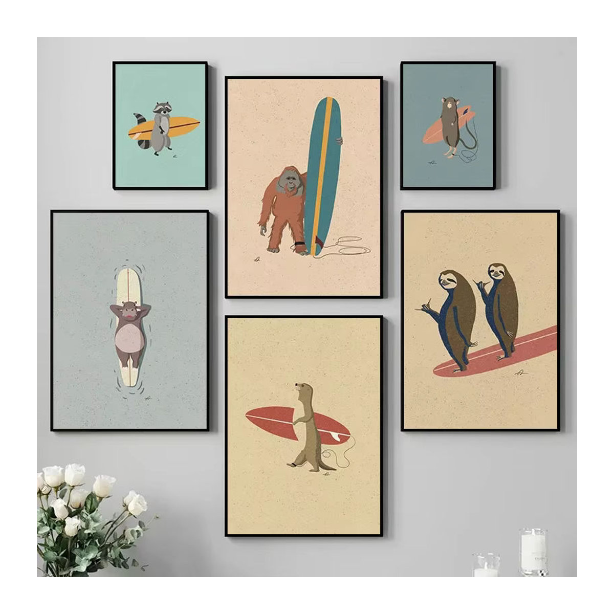 Potdemiel Vintage Cartoon Surfen Tiere Leinwand Poster Mehrfarbig für Kinder Wanddekoration - Bild 2