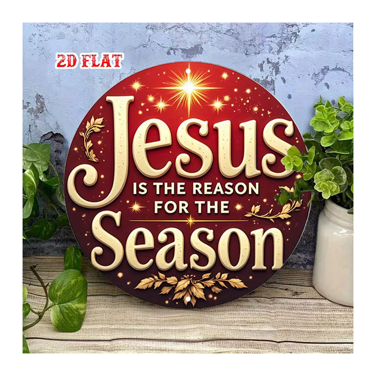 Potdemiel Vintage Christliche Metall-Wanddekoration Jesus ist der Reason für die Saison Schild in Rot mit goldenem Schriftzug und Sternen - Bild 3