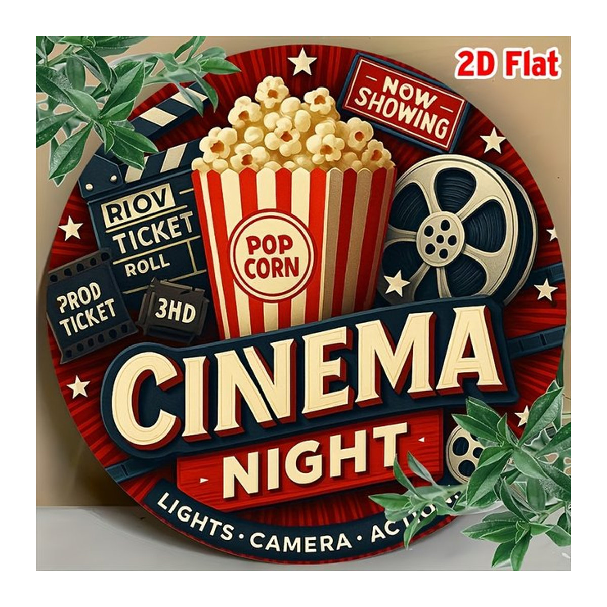 Potdemiel Vintage Cinema Night Wanddekoration Rund aus Metall in Rot und Weiß - Bild 1