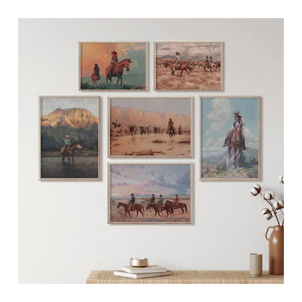 Potdemiel Vintage Cowboy Porträt Ölgemälde auf Leinwand, mehrfarbiges Western Wandbild im Hochformat zur Wanddekoration - Bild 1
