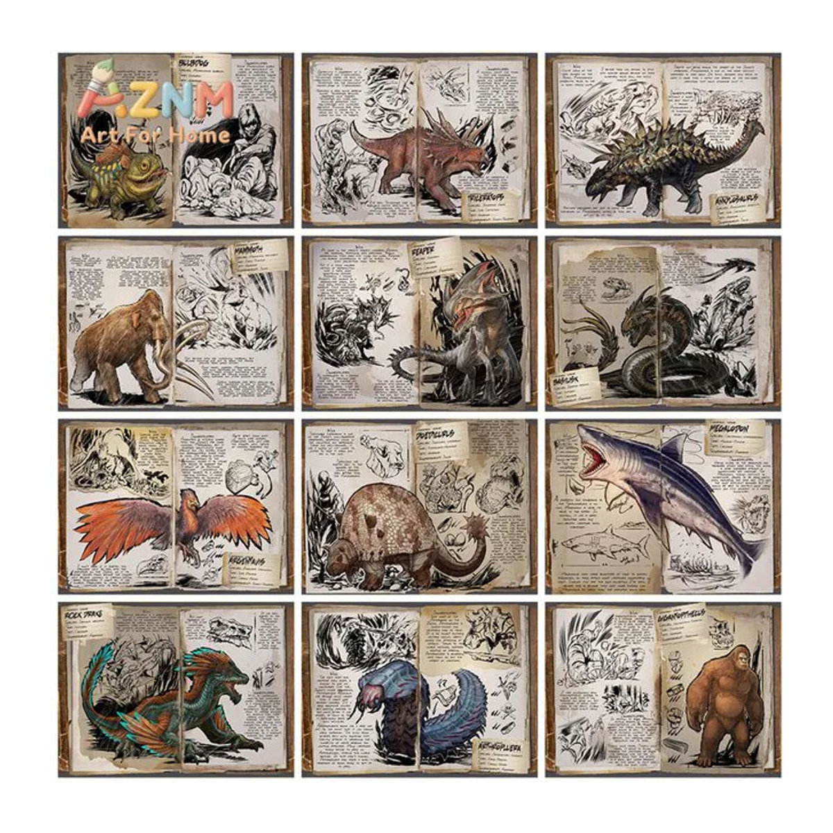 Potdemiel Vintage Dinosaurier Wandkunst auf Leinwand im Retro-Enzyklopädie-Stil, mehrfarbig, Querformat - Bild 1