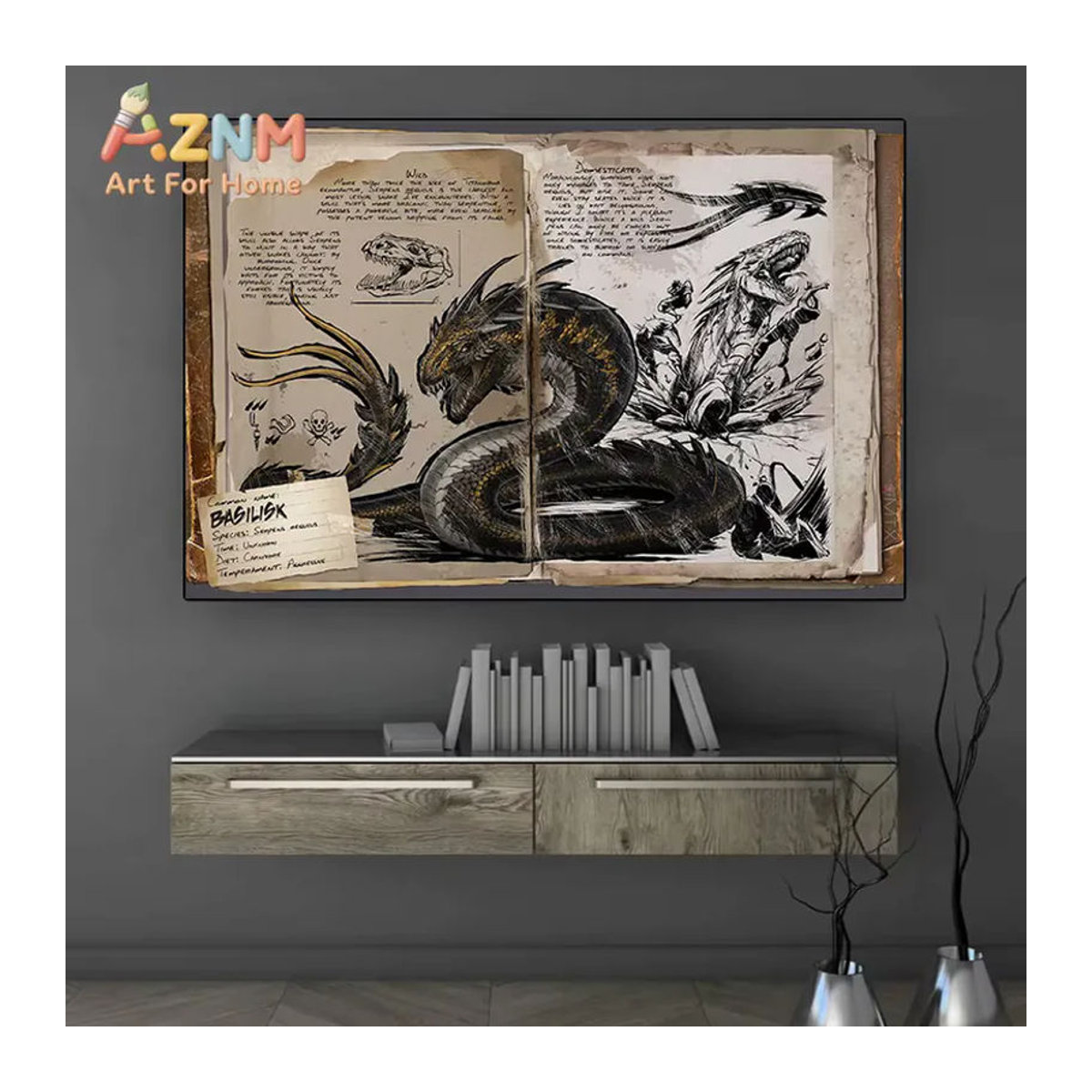 Potdemiel Vintage Dinosaurier Wandkunst auf Leinwand im Retro-Enzyklopädie-Stil, mehrfarbig, Querformat - Bild 2