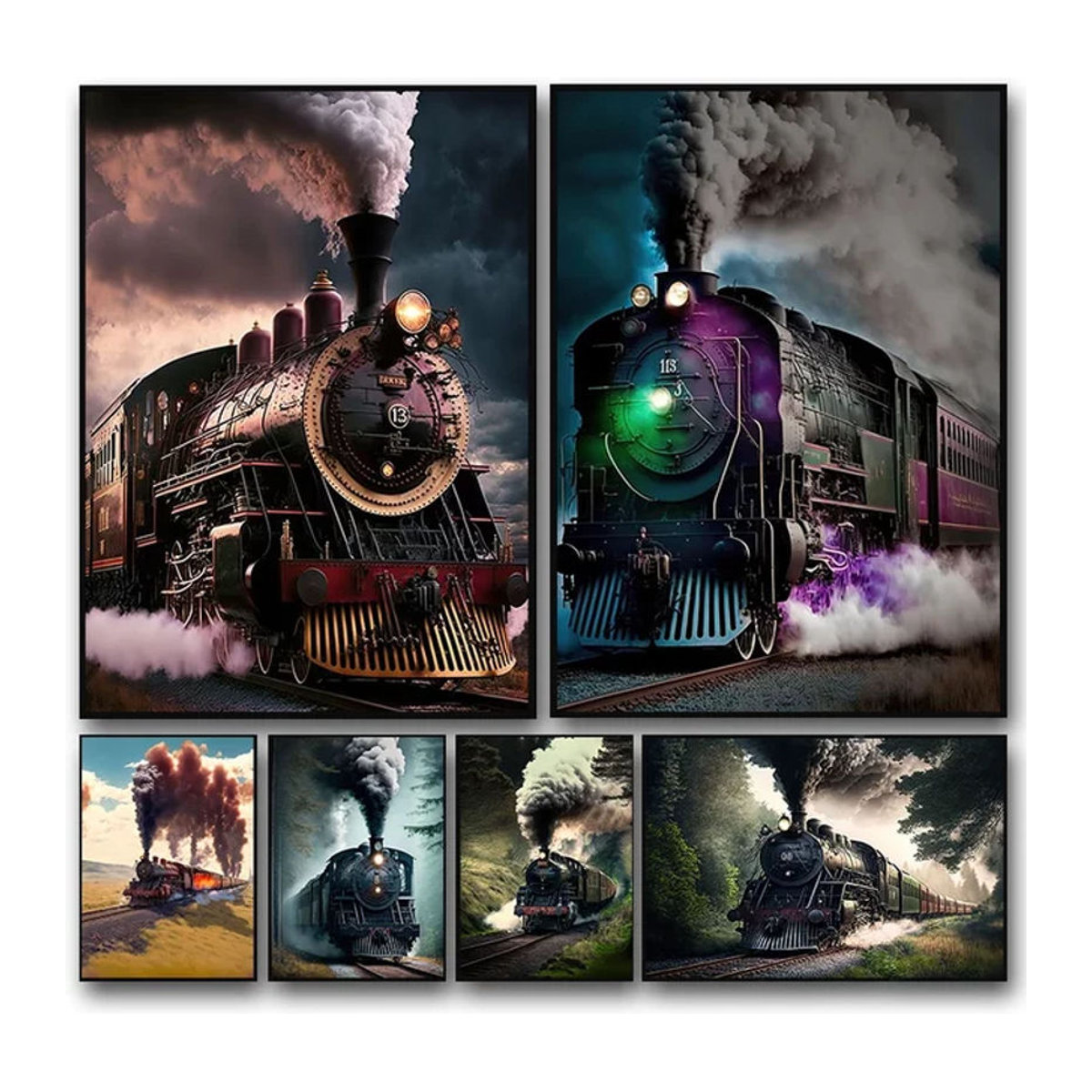 Potdemiel Vintage Eisenbahn Dampfzug Landschaft Kunst Poster als mehrfarbige Leinwandmalerei im Querformat zur Wanddekoration - Bild 1