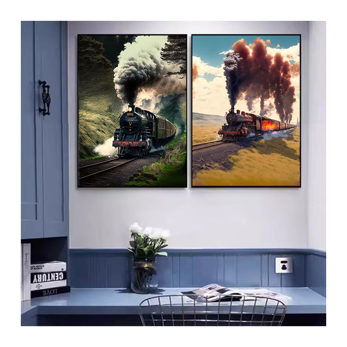 Potdemiel Vintage Eisenbahn Dampfzug Landschaft Kunst Poster als mehrfarbige Leinwandmalerei im Querformat zur Wanddekoration - Bild 2