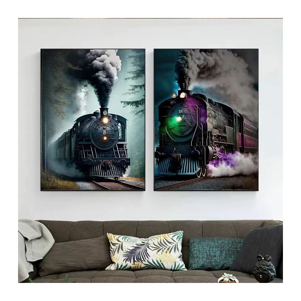 Potdemiel Vintage Eisenbahn Dampfzug Landschaft Kunst Poster als mehrfarbige Leinwandmalerei im Querformat zur Wanddekoration - Bild 4