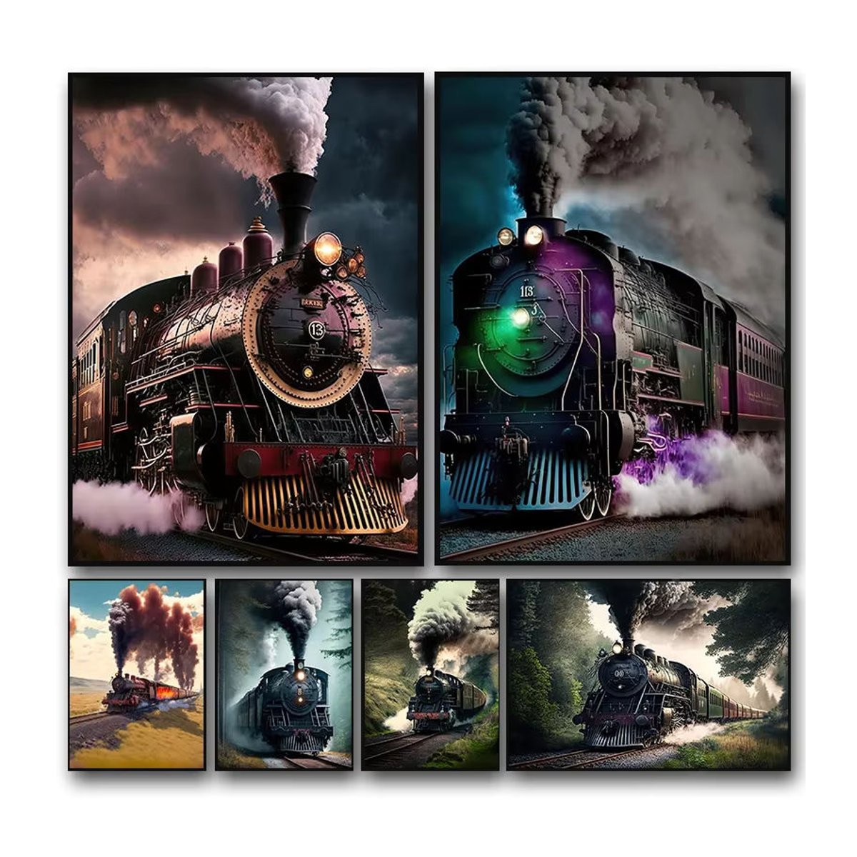 Potdemiel Vintage Eisenbahn Dampfzug Landschaft Kunst Poster als mehrfarbige Leinwandmalerei im Querformat zur Wanddekoration - Bild 6