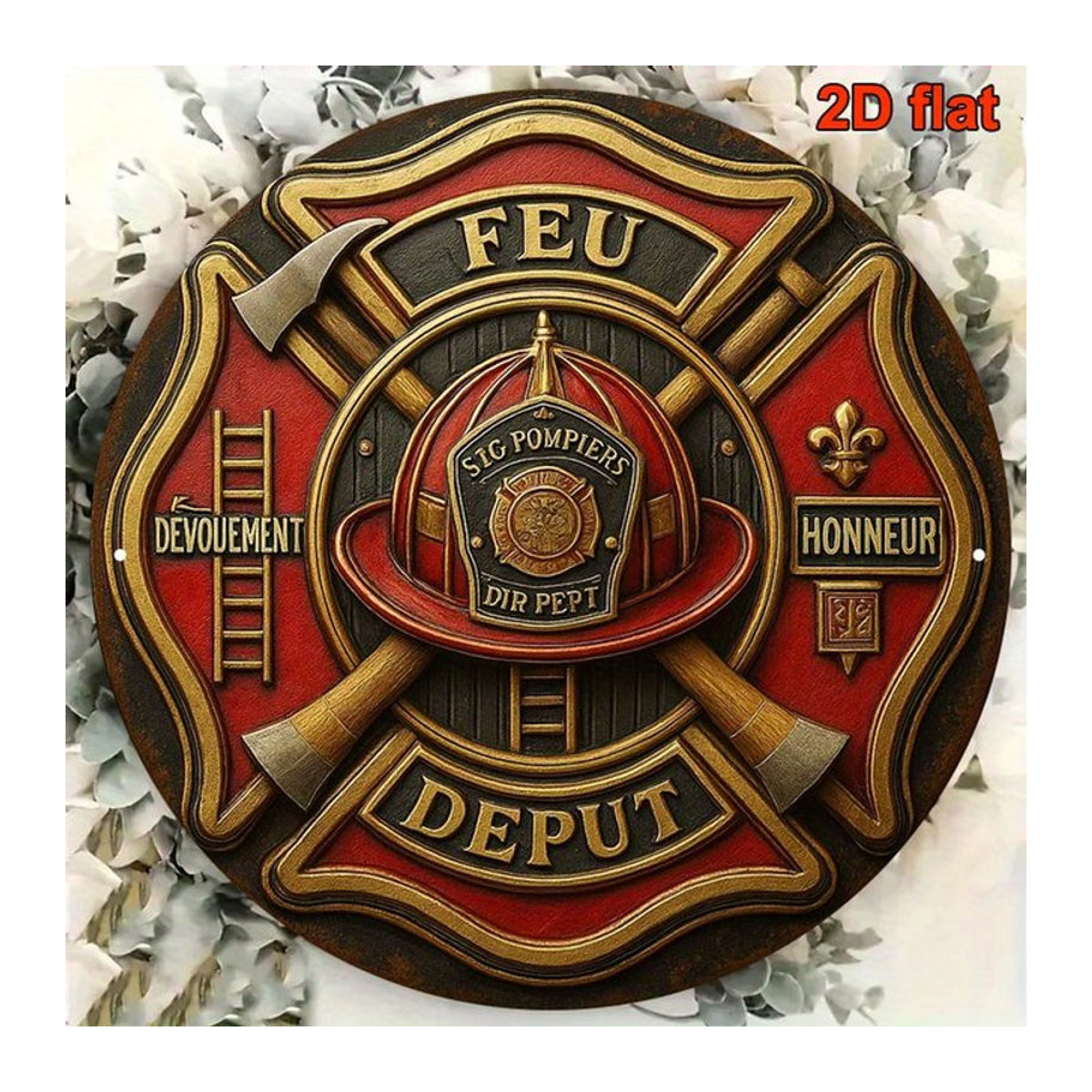 Potdemiel Vintage Feuerwehrmann-Abzeichen Aluminiumschild rund, rot, Durchmesser: 20,32 cm - Bild 1