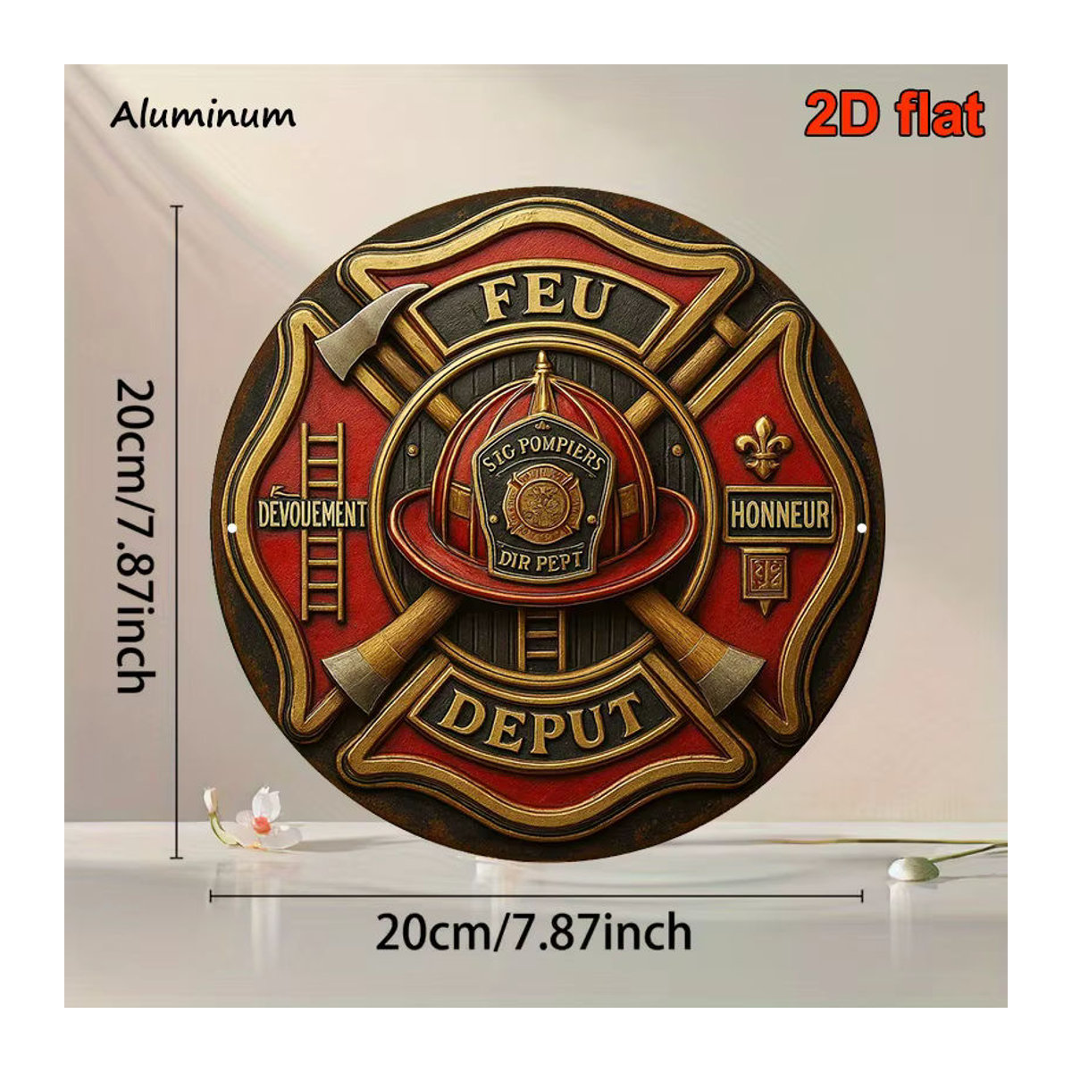 Potdemiel Vintage Feuerwehrmann-Abzeichen Aluminiumschild rund, rot, Durchmesser: 20,32 cm - Bild 2