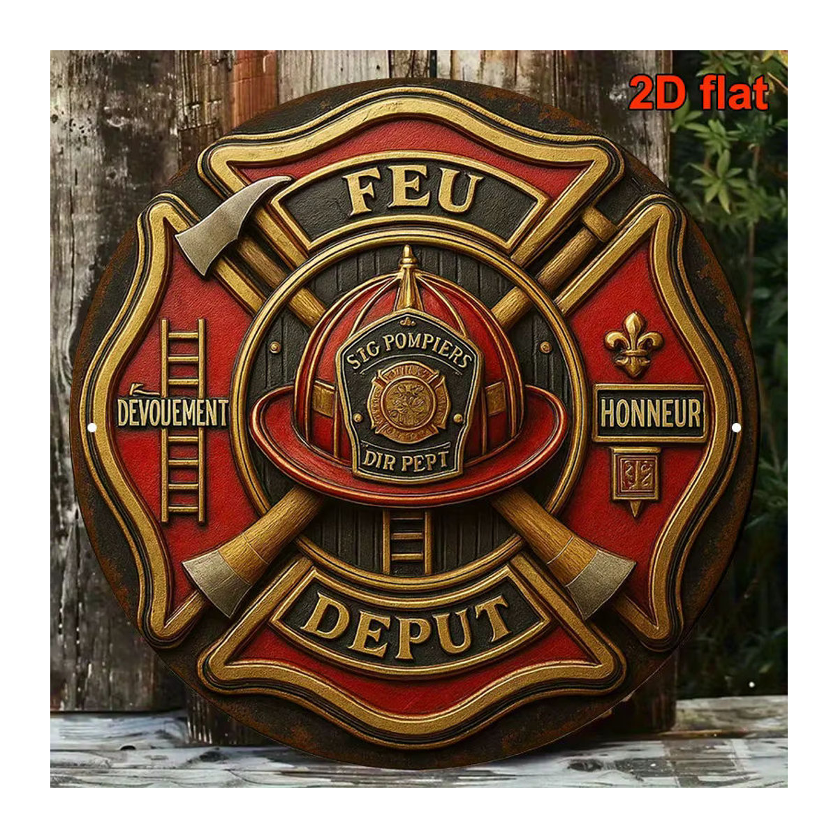 Potdemiel Vintage Feuerwehrmann-Abzeichen Aluminiumschild rund, rot, Durchmesser: 20,32 cm - Bild 3