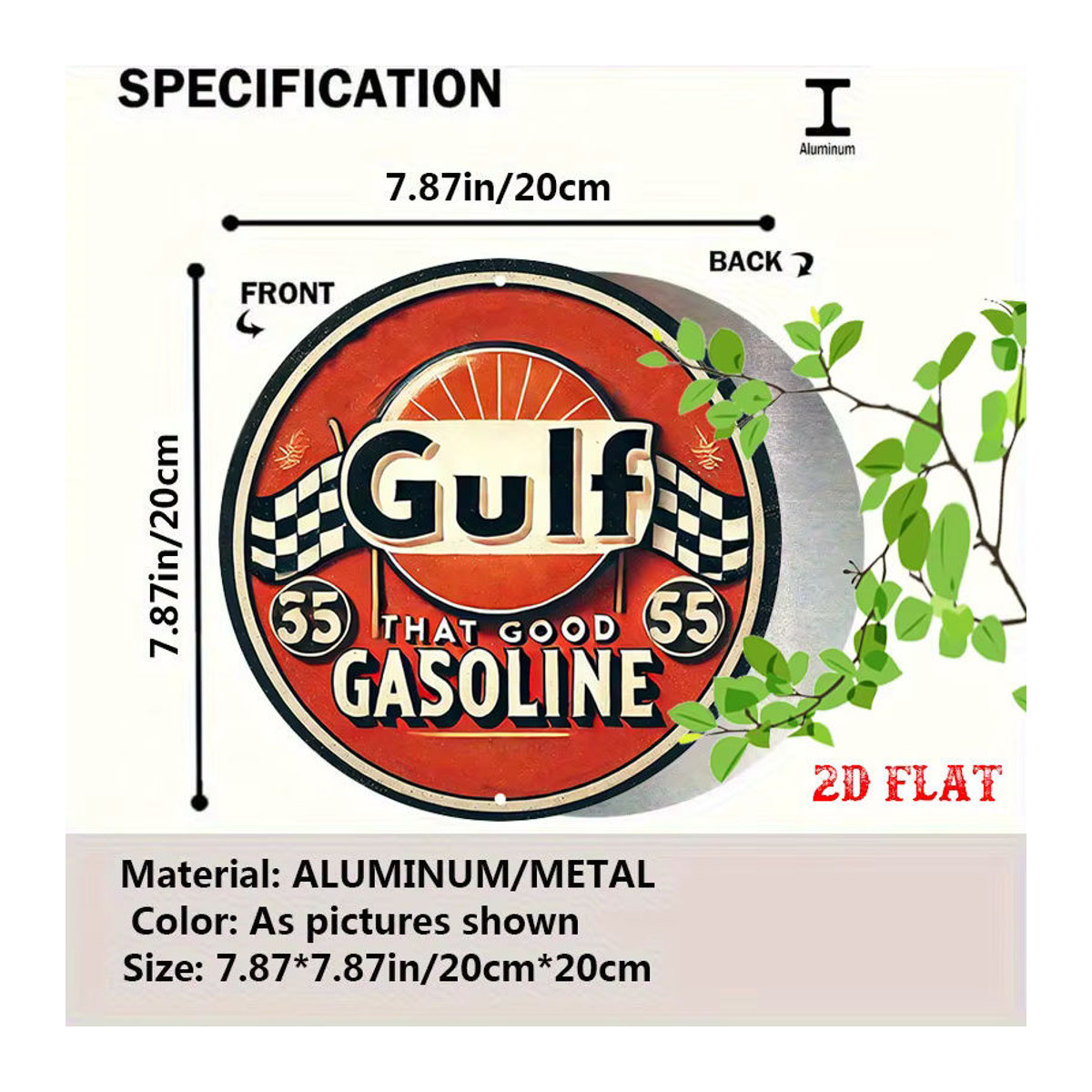 Potdemiel Vintage Gulf 55 Benzin Metallschild rund mit kariertem Flaggen-Design in Orange - Bild 2