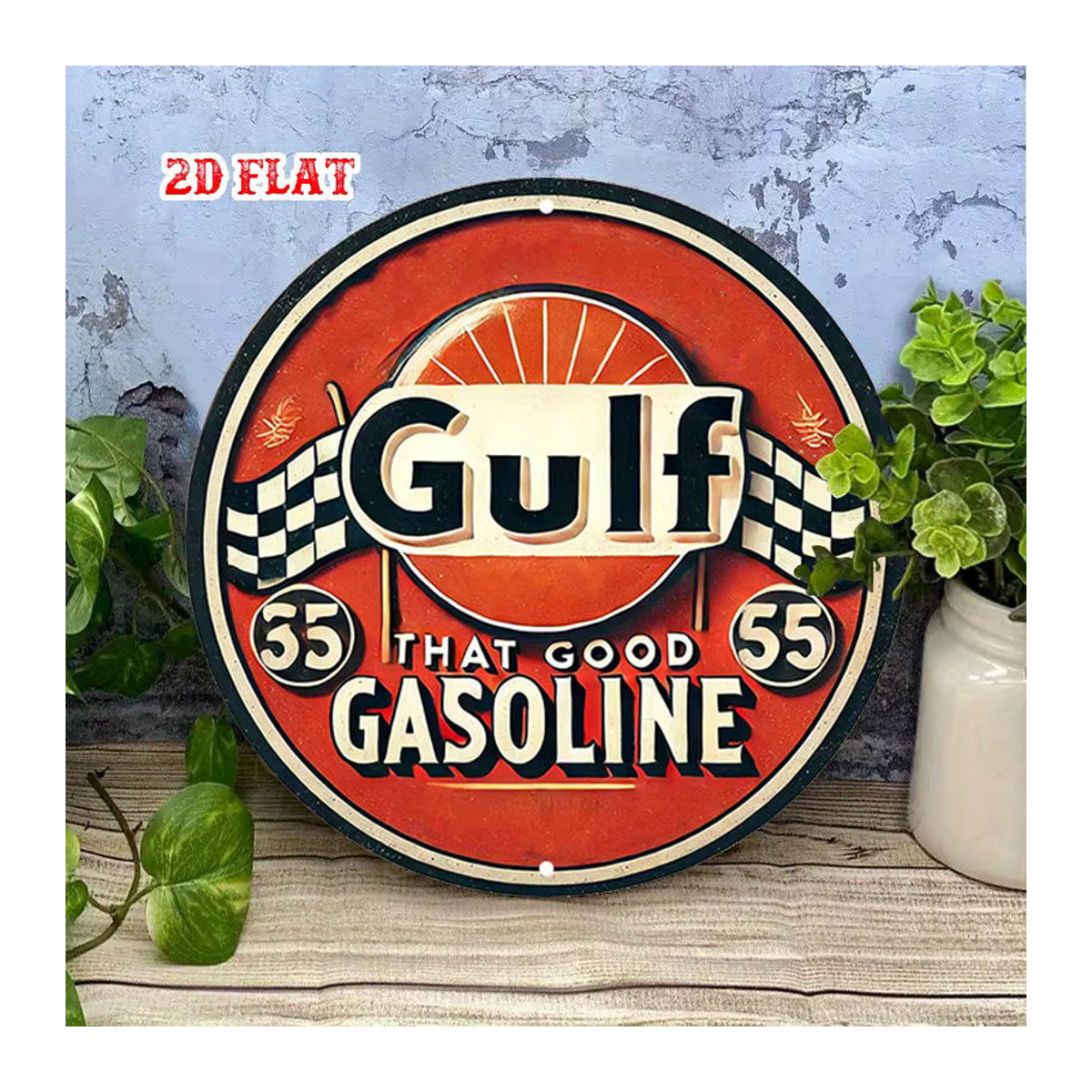 Potdemiel Vintage Gulf 55 Benzin Metallschild rund mit kariertem Flaggen-Design in Orange - Bild 3