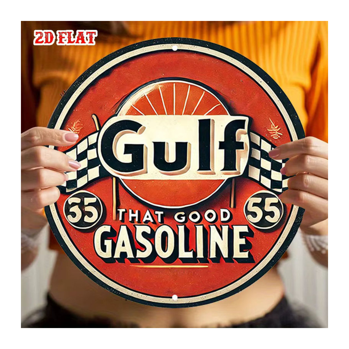 Potdemiel Vintage Gulf 55 Benzin Metallschild rund mit kariertem Flaggen-Design in Orange - Bild 6