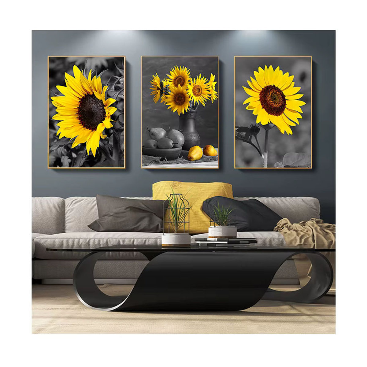 Potdemiel Vintage Leinwandbild mit gelben Blumen in floralem Design für deine Wanddekoration - Bild 1