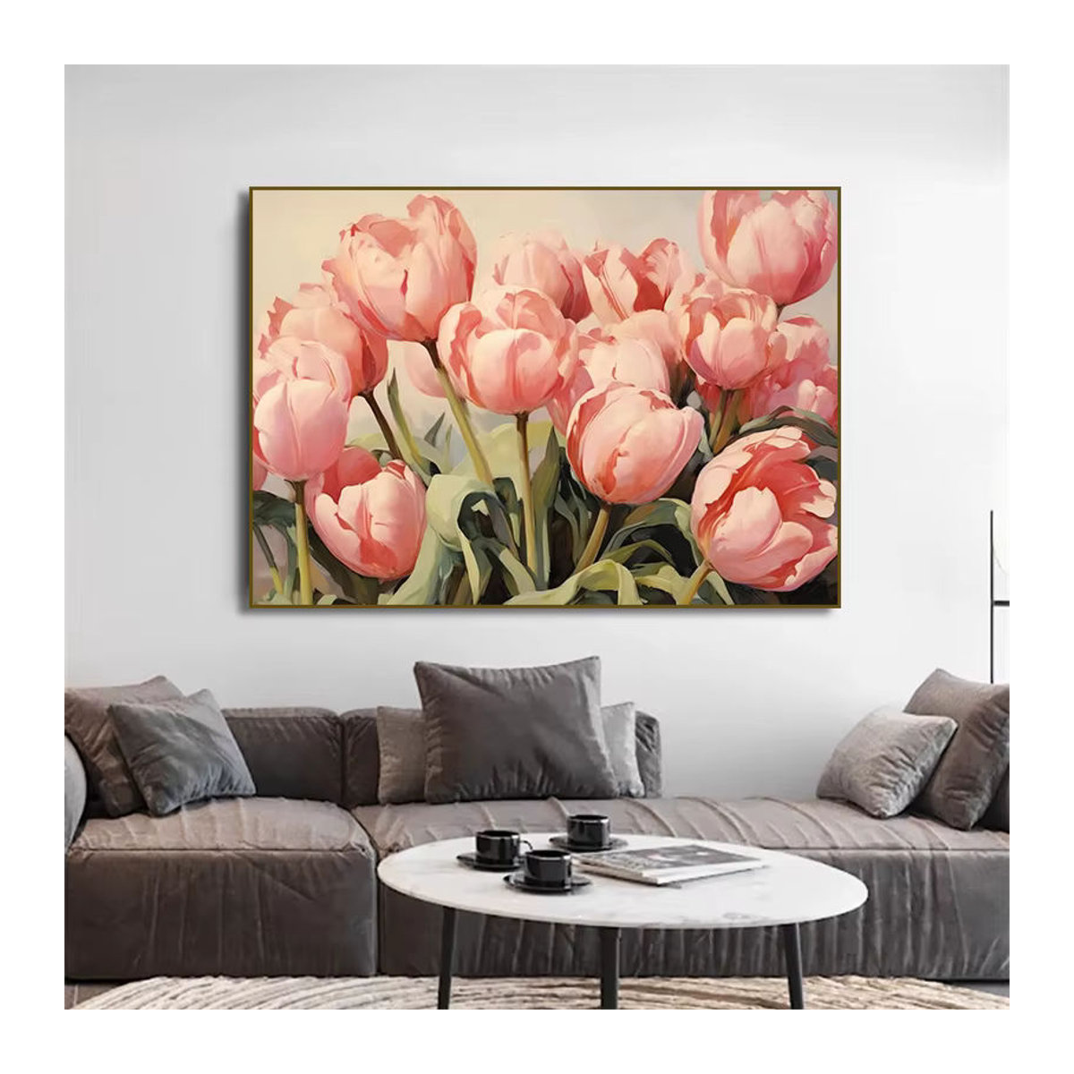 Potdemiel Vintage Leinwandgemälde mit floralem Motiv in Weiß, Blau und Rosa im Querformat - Bild 1