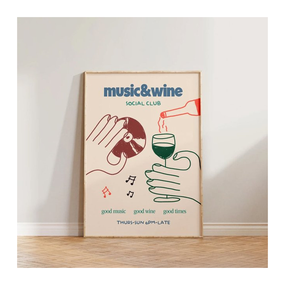 Potdemiel Vintage Leinwandposter Musik und Wein Illustration in Beige als Rahmenlose Wandkunst für Küche und Club - Bild 1