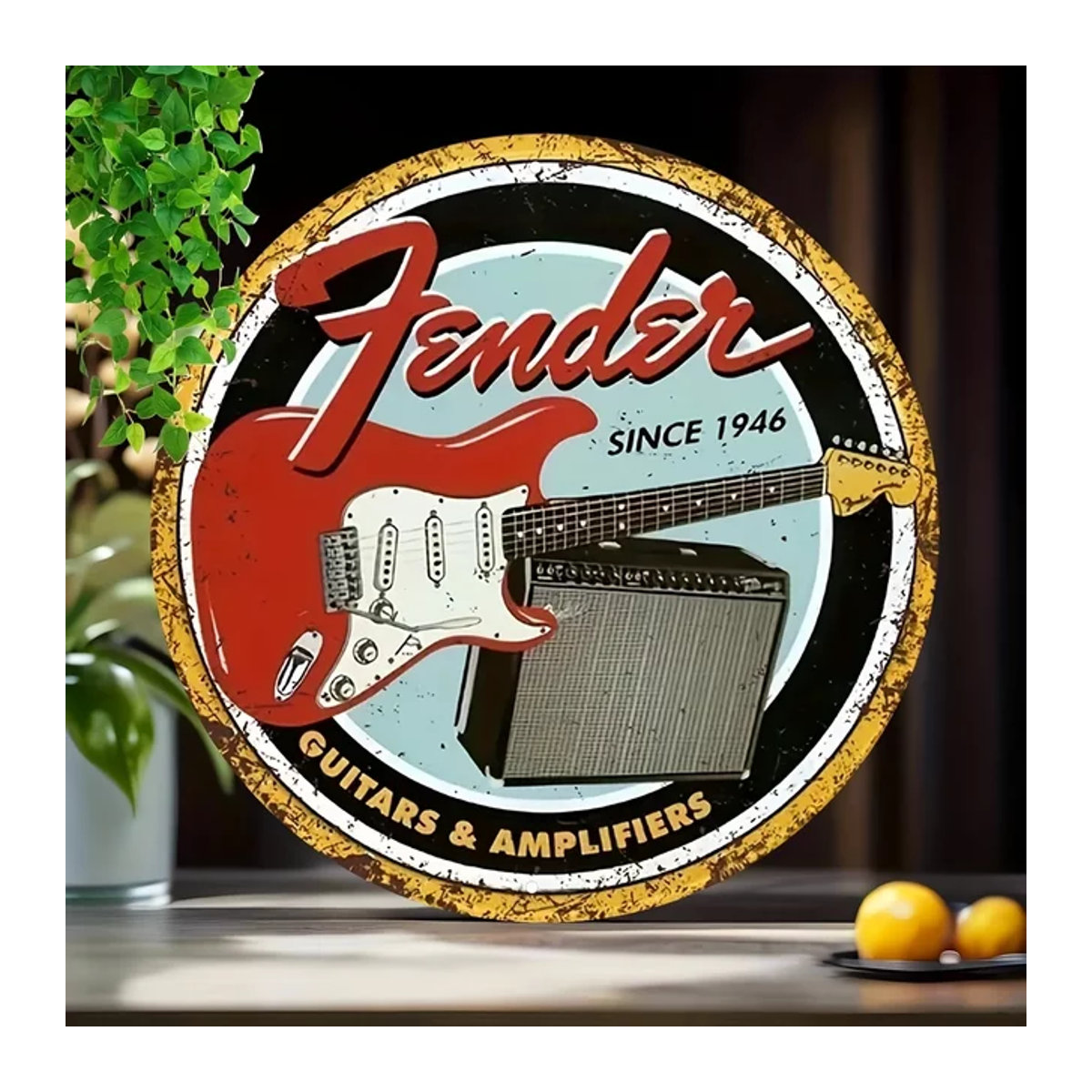 Potdemiel Vintage Metall-Wandkunstschild mit Gitarre und Verstärker, quadratisches Aluminiumschild in Mehrfarbig für die Wandmontage - Bild 1