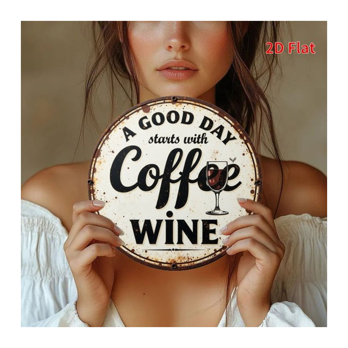 Potdemiel Vintage-Metallschild rund für Kaffee und Wein, Wanddekoration Weiß, Durchmesser: 19,81 cm - Bild 1