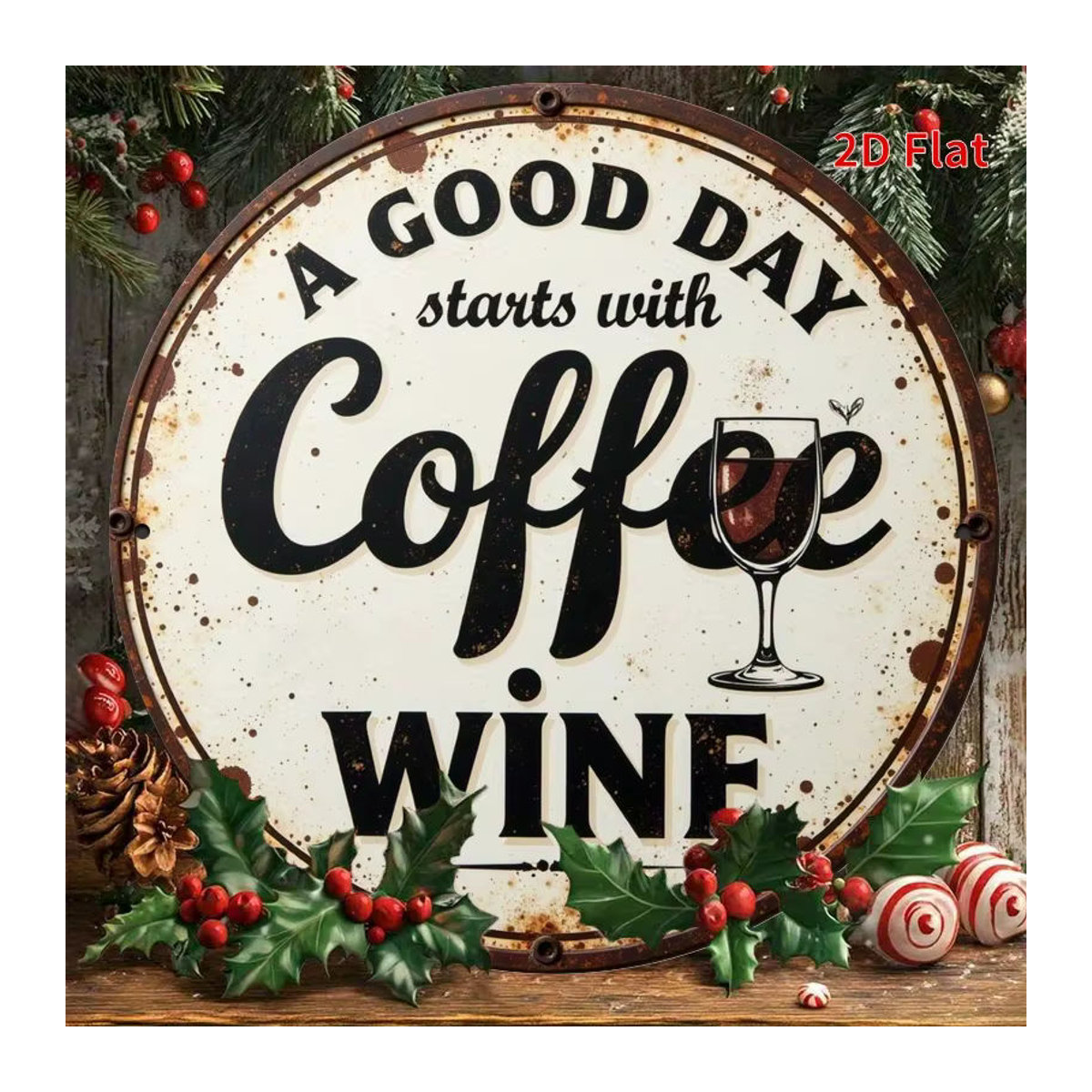 Potdemiel Vintage-Metallschild rund für Kaffee und Wein, Wanddekoration Weiß, Durchmesser: 19,81 cm - Bild 6