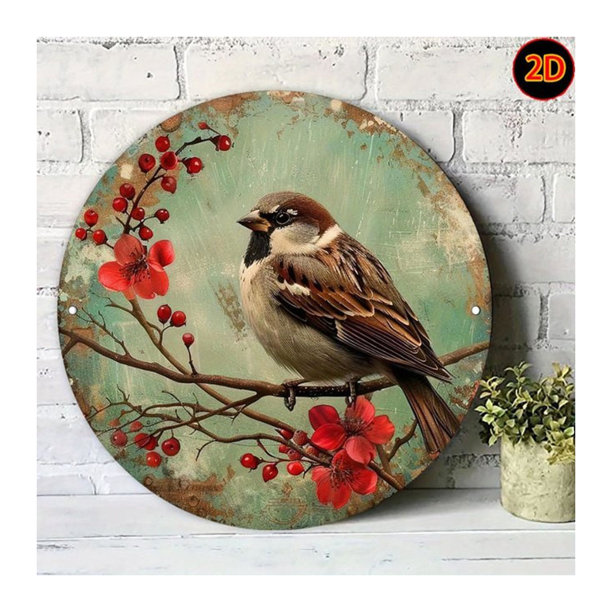 Potdemiel Vintage Metallwandkunst Rund mit Spatzen und floralem Design, Durchmesser: 20 cm, Mehrfarbig mit roten Blumen und grünem Laub - Bild 1