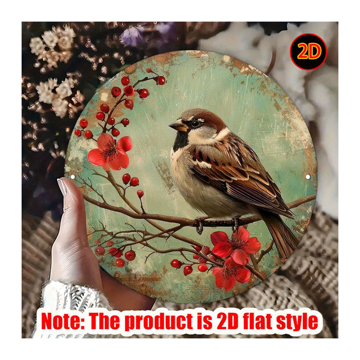 Potdemiel Vintage Metallwandkunst Rund mit Spatzen und floralem Design, Durchmesser: 20 cm, Mehrfarbig mit roten Blumen und grünem Laub - Bild 2