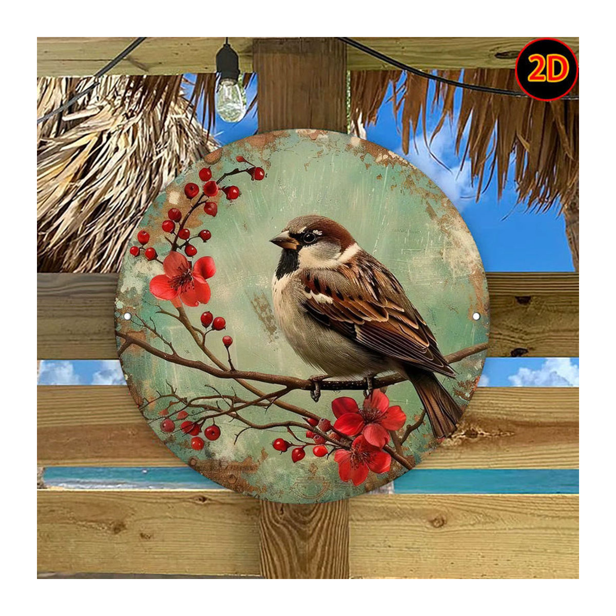 Potdemiel Vintage Metallwandkunst Rund mit Spatzen und floralem Design, Durchmesser: 20 cm, Mehrfarbig mit roten Blumen und grünem Laub - Bild 4