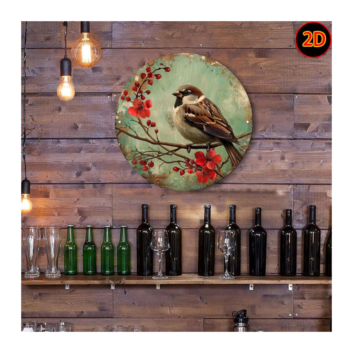 Potdemiel Vintage Metallwandkunst Rund mit Spatzen und floralem Design, Durchmesser: 20 cm, Mehrfarbig mit roten Blumen und grünem Laub - Bild 5
