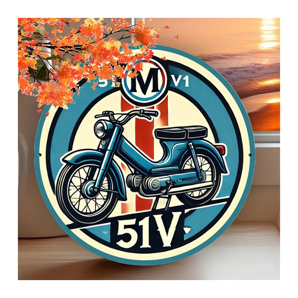 Potdemiel Vintage Motorrad Metallschild, rundes Aluminium-Wandkunst Dekor in Mehrfarbig, Durchmesser: 20,3 cm - Bild 1