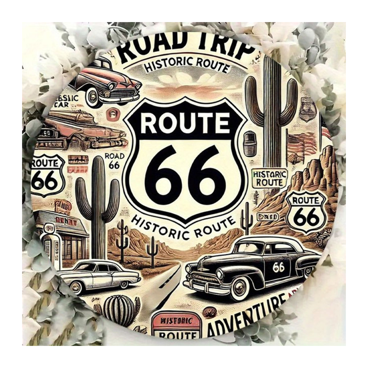 Potdemiel Vintage Route 66 Metallwandschild rund, mehrfarbig, Durchmesser: 20,3 cm - Bild 1