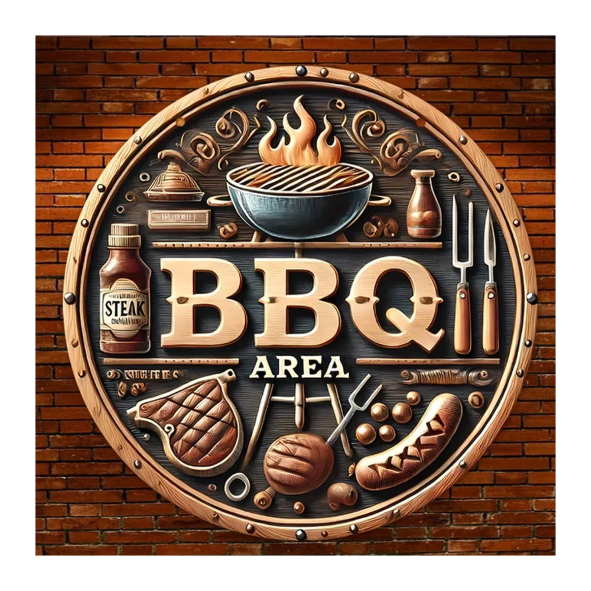 Potdemiel Vintage Rundes Metallschild Grillbereich Dekoration in Braun, Durchmesser: 20,32 cm - Bild 1