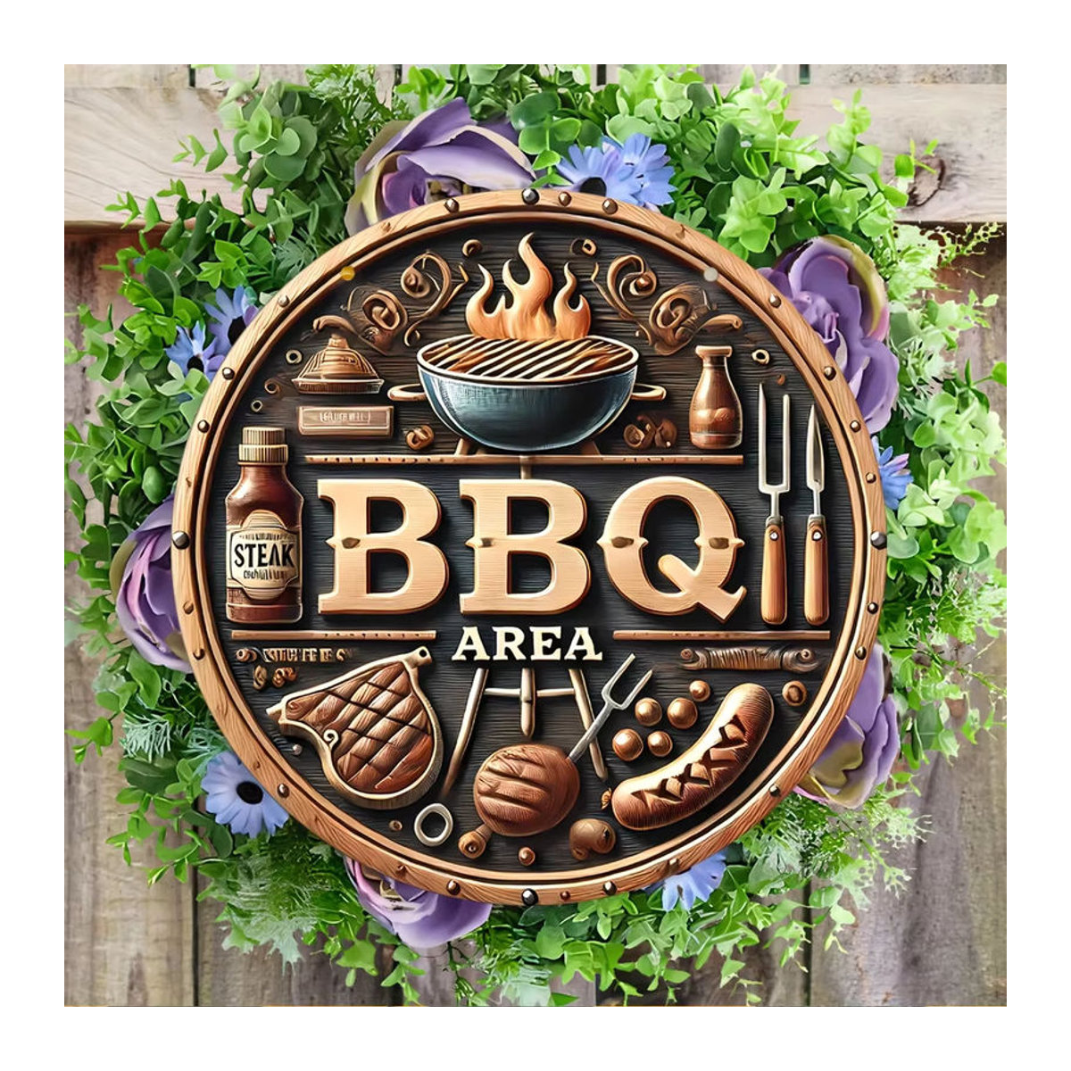 Potdemiel Vintage Rundes Metallschild Grillbereich Dekoration in Braun, Durchmesser: 20,32 cm - Bild 6
