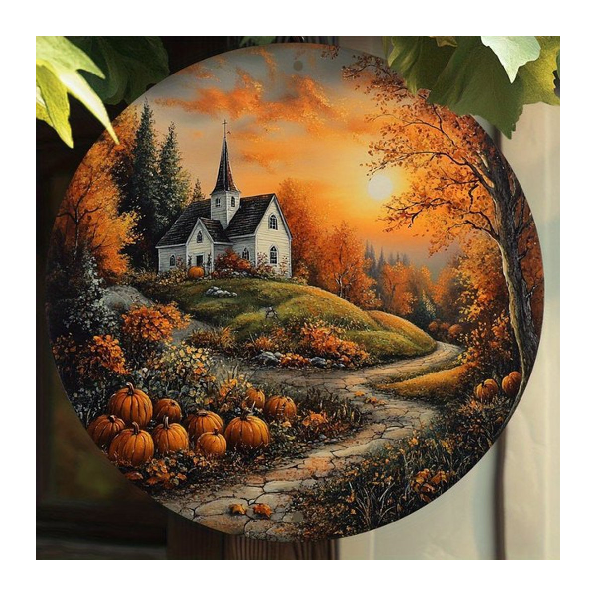 Potdemiel Vintage Rundschild aus Metall mit Herbstlandschaft, mehrfarbig, Durchmesser: 20,3 cm - Bild 1