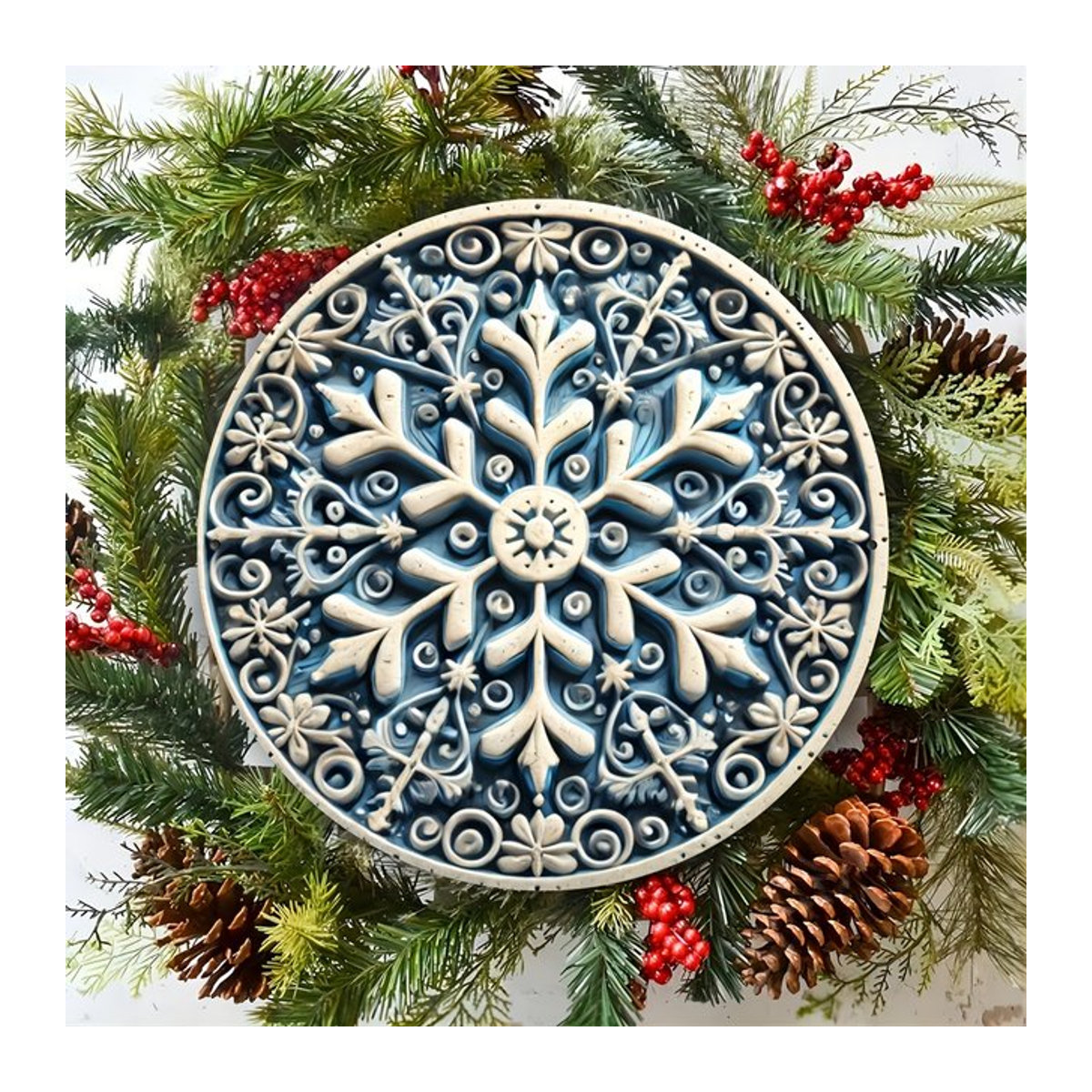 Potdemiel Vintage Wanddekoration aus Metall in Blau und Weiß mit Schneeflocken-Design, rund, Durchmesser: 20,3 cm - Bild 1