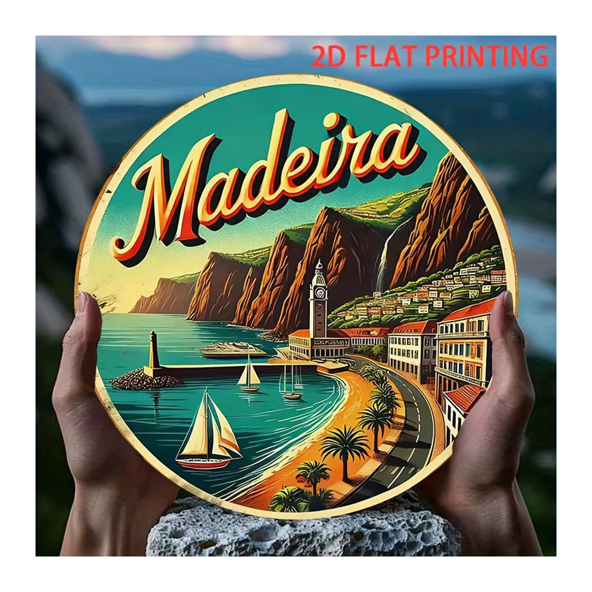 Potdemiel Vintage Wanddekoration Madeira Landschaft Küstenuhr Turm und Yacht aus Metall, mehrfarbig, B: 20,07 cm, H: 19,8 cm - Bild 4