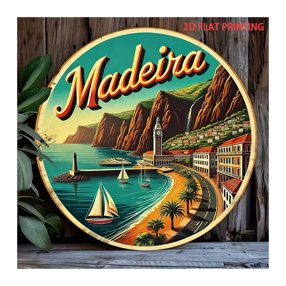 Potdemiel Vintage Wanddekoration Madeira Landschaft Küstenuhr Turm und Yacht aus Metall, mehrfarbig, B: 20,07 cm, H: 19,8 cm - Bild 5