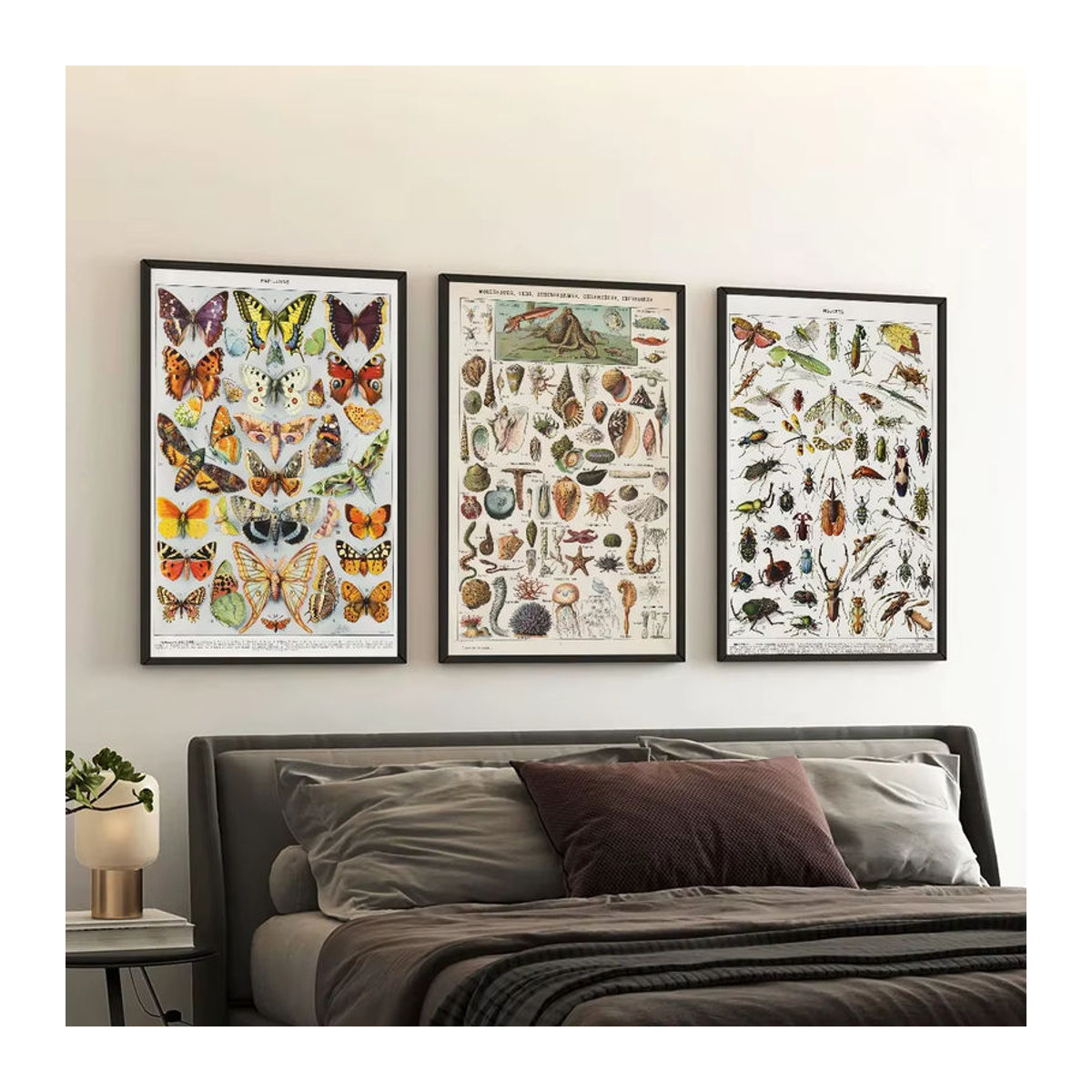 Potdemiel Vintage Wandkunst Leinwandgemälde mit botanischen Motiven, Schmetterlingen und Pilzen, mehrfarbig - Bild 2