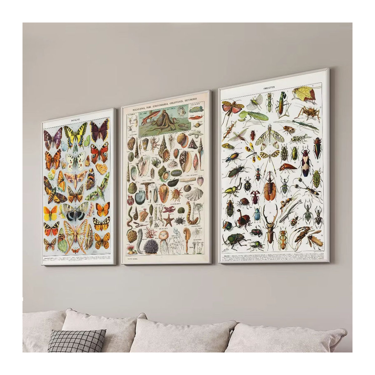 Potdemiel Vintage Wandkunst Leinwandgemälde mit botanischen Motiven, Schmetterlingen und Pilzen, mehrfarbig - Bild 3